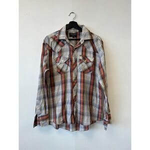 Vintage Border Town Western Shirt Mens Large Red Plaid Snap Front Long Tail